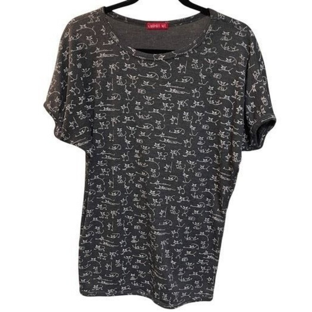 Graphis Womens M/L Charcoal Gray‎ Waffle Knit Cat Print Thermal T-Shirt Cotton